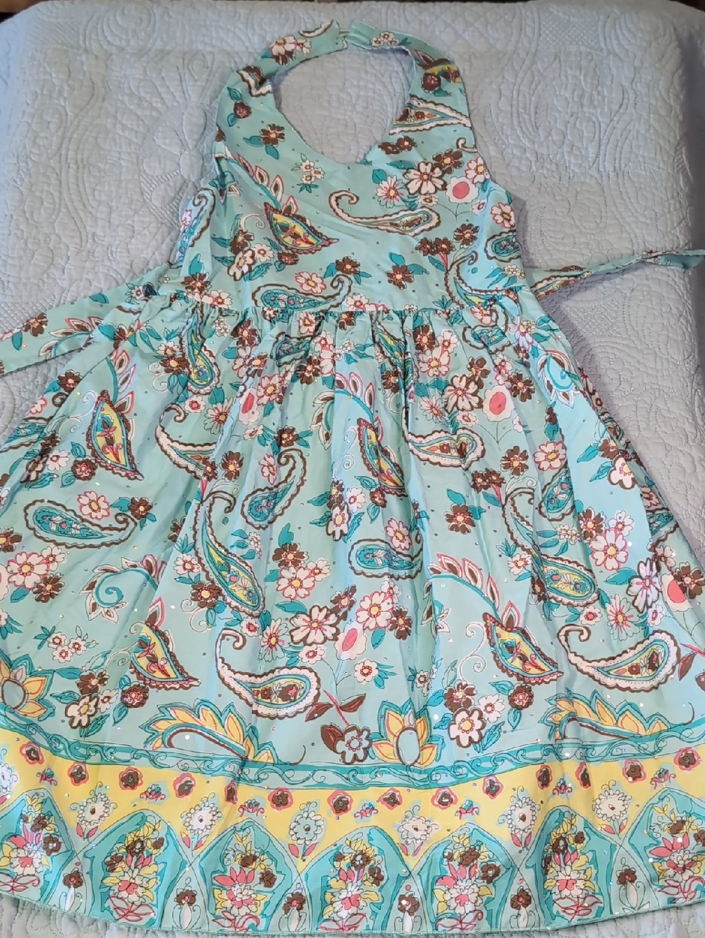 Blueberi Boulevard 100% Cotton Aqua Paisley Halter Dress with Sequin Accents 10